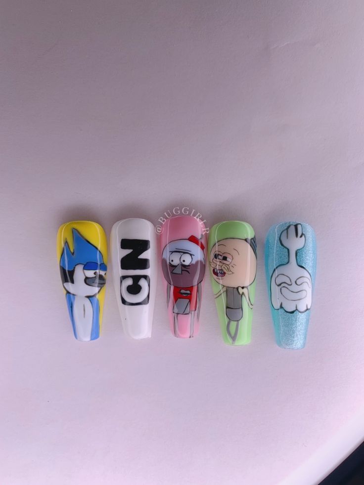 Cartoon Network Nails, Cartoons Nails, Character Nails, Oval Nails Designs, Cartoon Nails, Nails Fun, Hard Nails, Oval Nails, Bare Bears