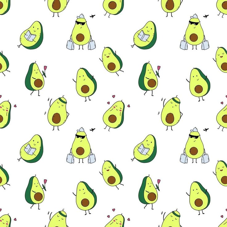 an avocado pattern on a white background with green and yellow colors, it looks like they are eating something