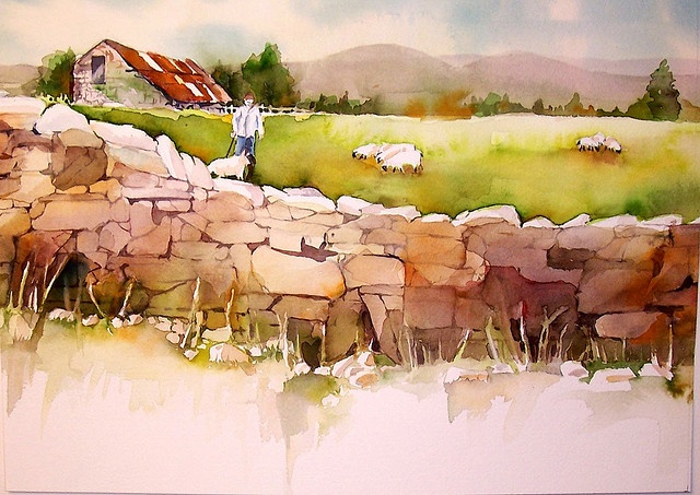 a watercolor painting of a man standing on a stone wall with sheep grazing in the background