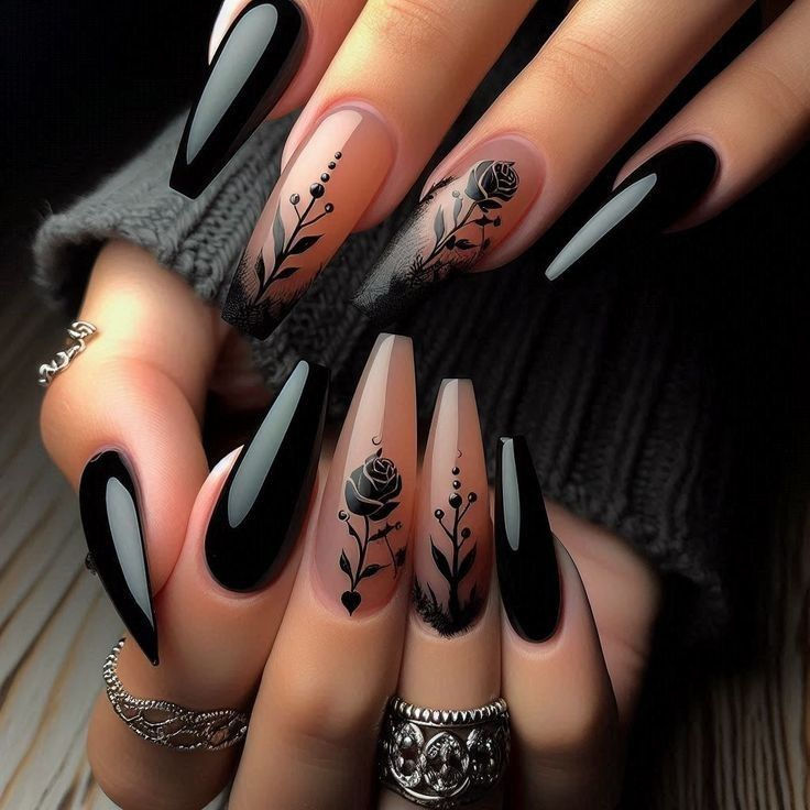 "Transform your nails into works of art with these #HalloweenNailDesigns that are sure to impress. Whether you're going for a classic black and orange look or something more unique, these #HalloweenNailIdeas have got you covered. 🕷️🕸️ #NailsofInstagram #HalloweenBeauty #NailAddict #HalloweenNailArt #HalloweenNailGoals #HalloweenNailInspo #NailEnvy #HalloweenNailGame #NailSwag #HalloweenNailGoals Black Nails Wedding, Acotar Inspired Nails, Gothic Wedding Nails, Black Coffin Nails Design, Mafia Nails, Black And White Nails, Witchy Nails, Goth Nails, Coffin Nails Designs