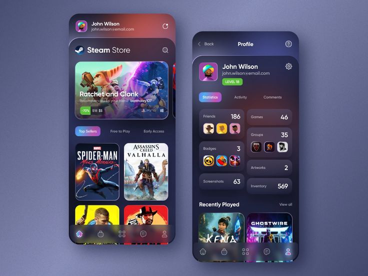 two iphone screens showing the different apps on each screen, one with movies and games