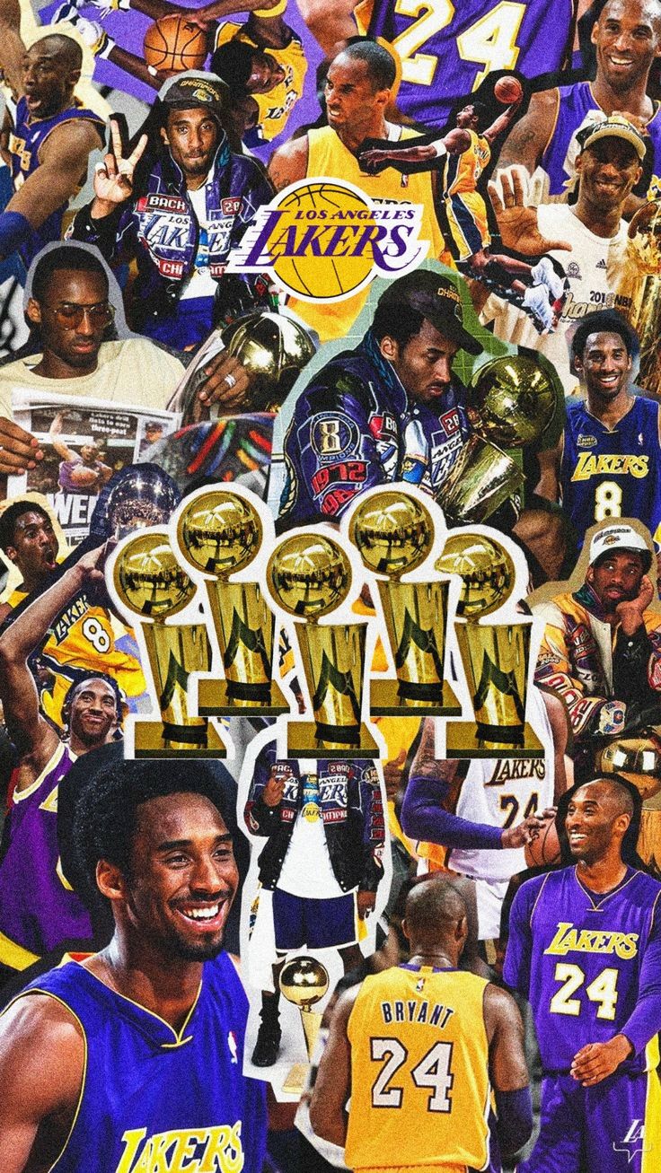 a collage of the los angeles lakerss and their trophies with photos of them