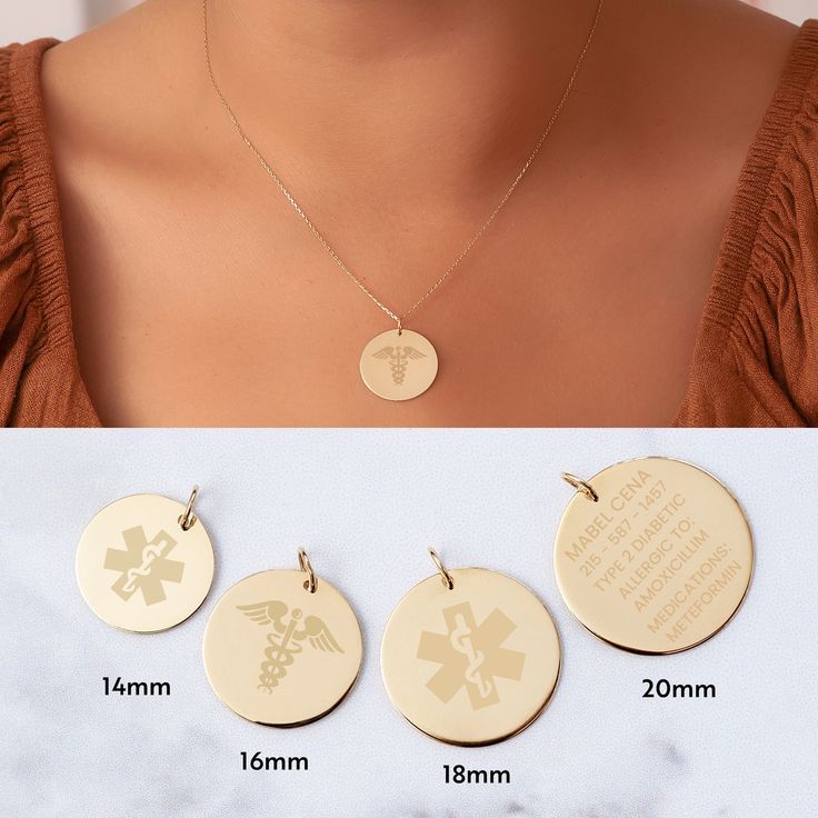 "14K Solid Custom Engraved Disk Necklace, Personalized Dainty Solid Gold Charm Pendant Necklace, 14k Gold Engravable Disc Pendant Gift for Her. It is engraved with a medical alert symbol on the front side and personalized medical conditions on the back. The backside can be engraved with instructions, phone numbers, or any important information. You can customize the size of the disc from 14 mm to 22 mm. When choosing the pendant diameter, it is important to consider how many engravings can fit o Personalized Symbolic Necklaces For Commemoration, Personalized Symbolic Necklace For Commemoration, Symbolic Charms Necklaces For Commemoration, Symbolic Charms Necklace For Commemoration, Commemoration Charms Necklace With Round Pendant, Round Engraved Necklaces For Commemoration, 14k Stamped Round Pendant Necklace For Commemoration, Stamped 14k Round Pendant Necklace For Commemoration, 14k Stamped Round Pendant Jewelry For Commemoration