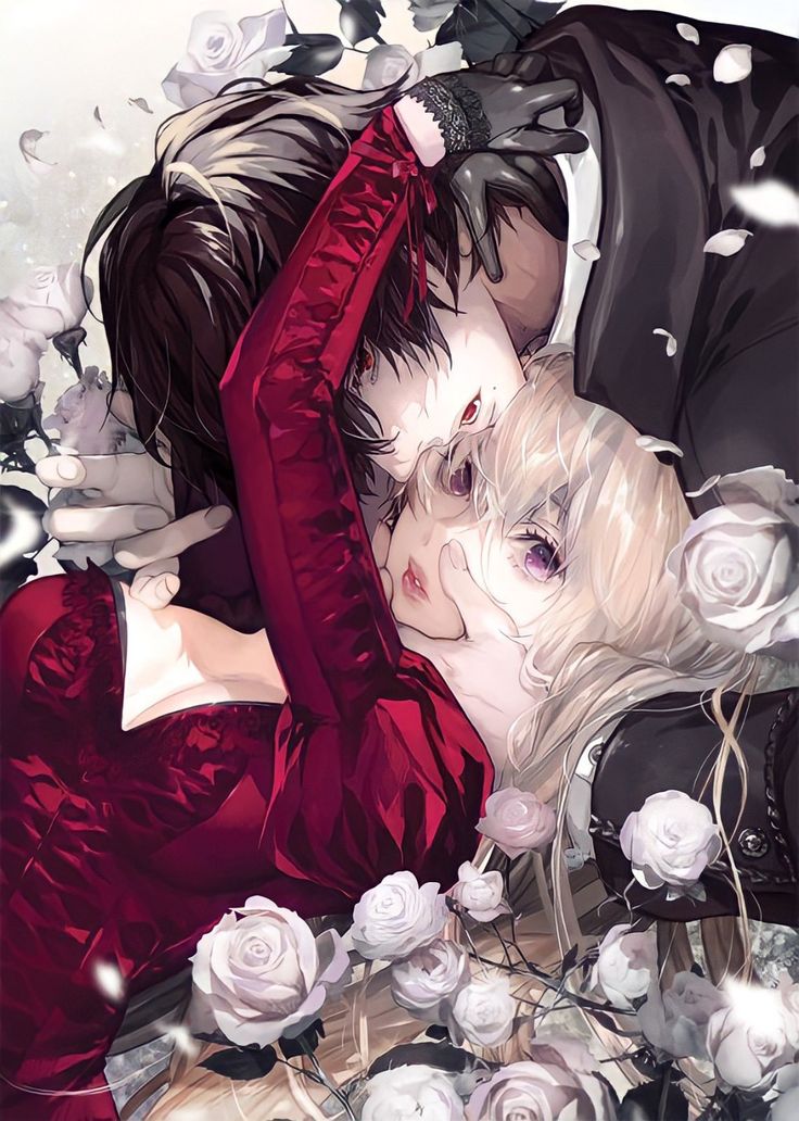 two people are kissing in front of white roses and black feathers, with one holding the other's head