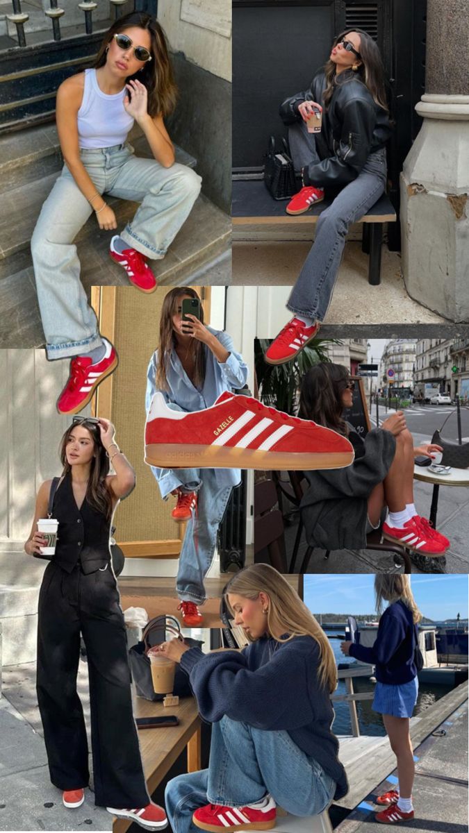 Red Adidas Outfit, Red Adidas Gazelle, Red Sneakers Outfit, Red Shoes Outfit, Adidas Gazelle Outfit, Adidas Samba Outfit, Adidas Outfit Shoes, Sneaker Outfits Women, Samba Outfit