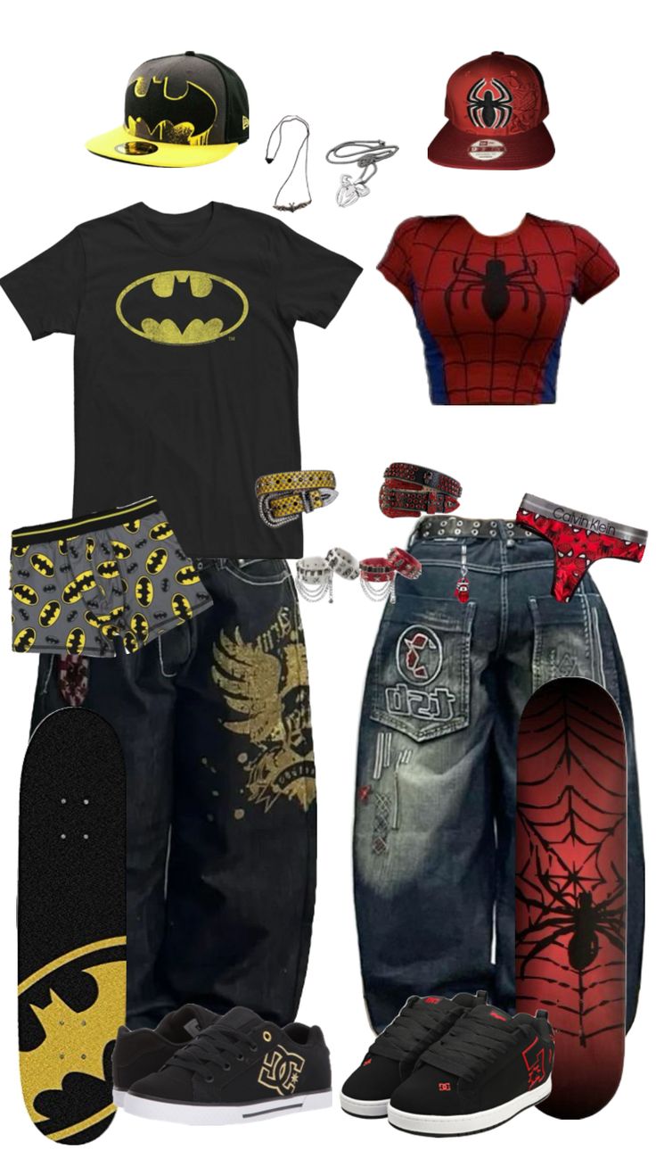 Spiderman X Batman, Matching Outfits For Couples, Outfits For Couples, Baggy Outfit Ideas, Street Style Outfits Casual, Silly Clothes, Batman Spiderman, Outfit Ideas Fashion, Couple Fits