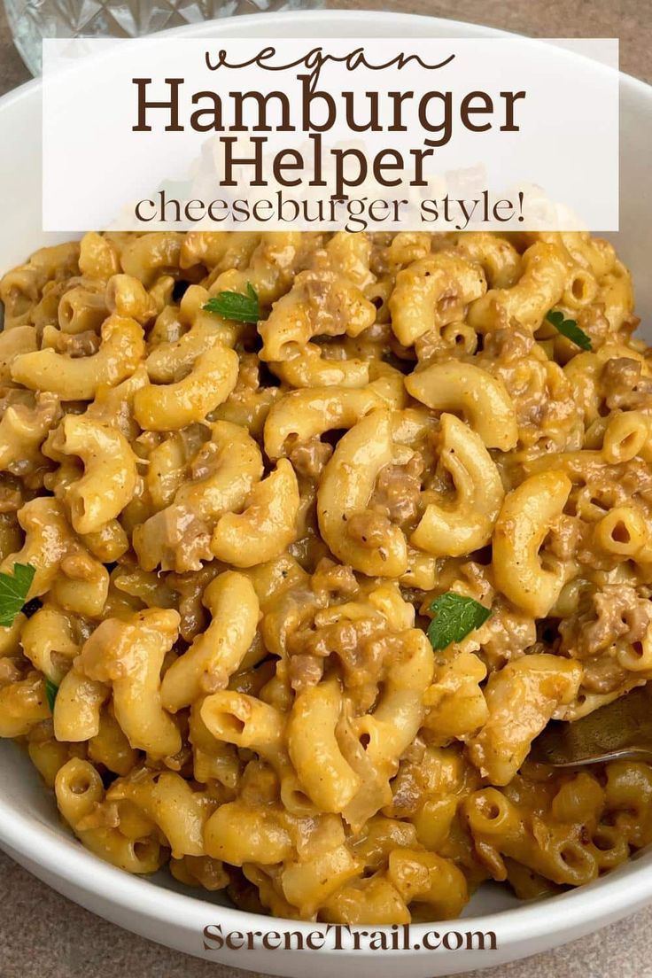 a white bowl filled with hamburger helper cheeseburger style macaroni and cheese