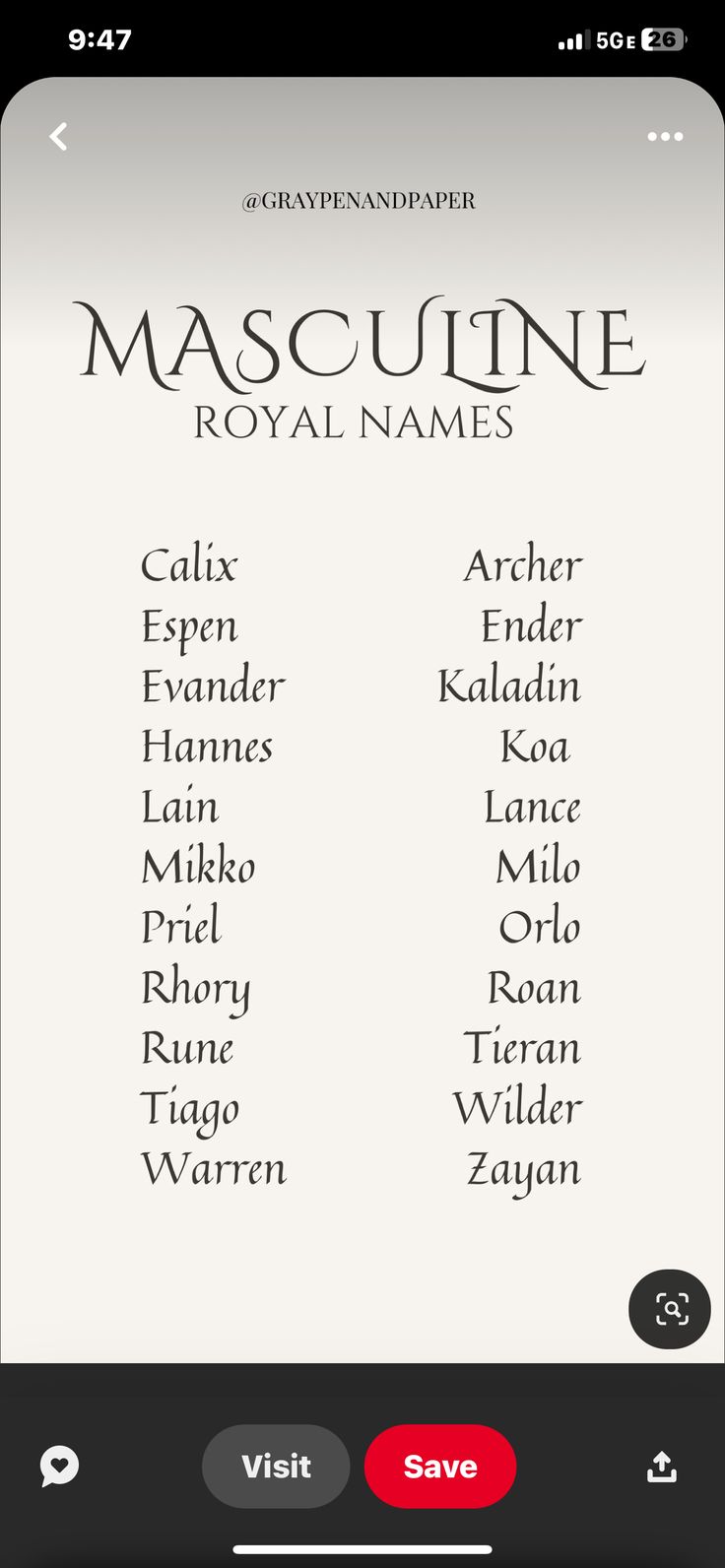 the mascuine royal names are displayed on an iphone screen, and there is no image to describe