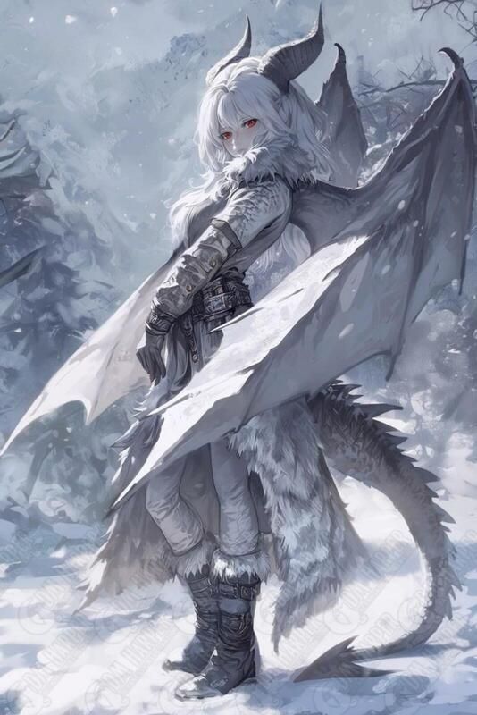 a woman with white hair and horns standing in the snow holding a large dragon like object