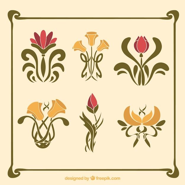 a set of floral designs in brown and orange colors on a beige background with an ornate frame