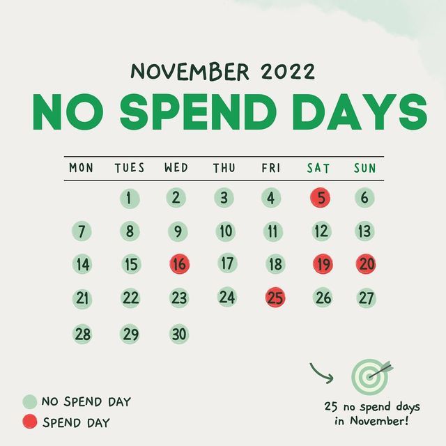 a calendar with the words no spend days written in red and green on white paper