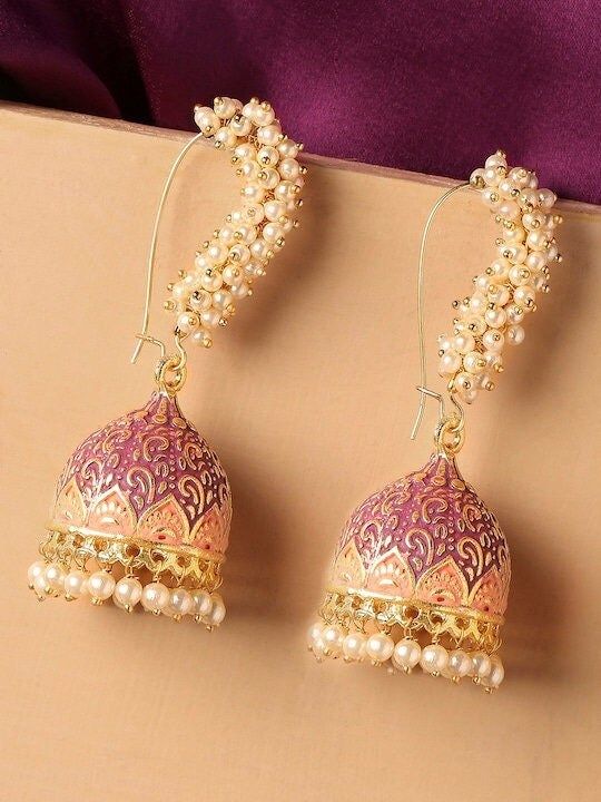 Gold-Toned & Pink Meenakari Enamel Pearls Ethnic Jhumka Earrings VitansEthnics Fashion Jewellery Online, Contemporary Necklace, Fancy Jewellery Designs, Wedding Bridesmaid Jewelry, Jhumki Earrings, Traditional Earrings, Bollywood Style, Indian Earrings, Jewelry Fashion Trends