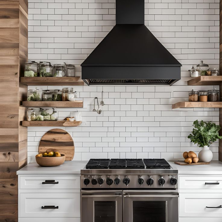 a stove top oven sitting inside of a kitchen next to shelves filled with fruits and vegetables