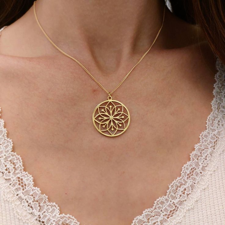 Gold Lotus Necklace - Flower Pendant - Mandala Charm - Flower Necklace - Mandala Necklace - Yoga Necklace - Women Gift - Mothers Day Gift . . . . . . . . . . . . . . . . . . . . . . . . . . . . . . . . . . . . . . . . . . . . . . . . . . Looking for a thoughtful gift for your loved one? You will love this high quality 18k Gold Plated Lotus Flower Yoga Necklace. This is a perfect gift for your girlfriend or wife or friend. This lovely Gold plated Lotus Flower Yoga Necklace is made to order. Purch Gold Flower Shaped Jewelry For Mom, Flower Charm Medallion Jewelry For Anniversary, Flower Charm Medallion Jewelry Gift, Spiritual Round Jewelry Gift For Mom, Sterling Silver Birth Flower Medallion Jewelry, Spiritual Flower Pendant Jewelry Gift For Mom, Spiritual Flower Pendant Jewelry For Mom, Personalized Spiritual Flower Jewelry, Round Spiritual Jewelry With Flower Charm