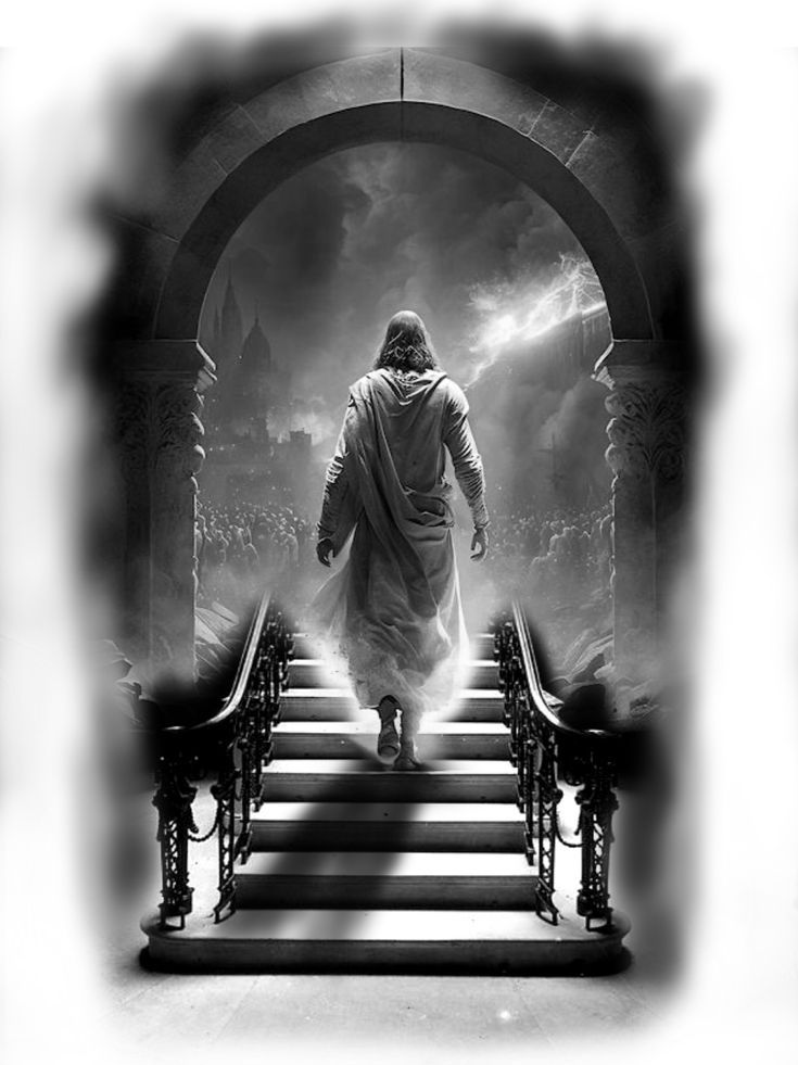 a man walking down some stairs in front of an archway with clouds and lightning behind him