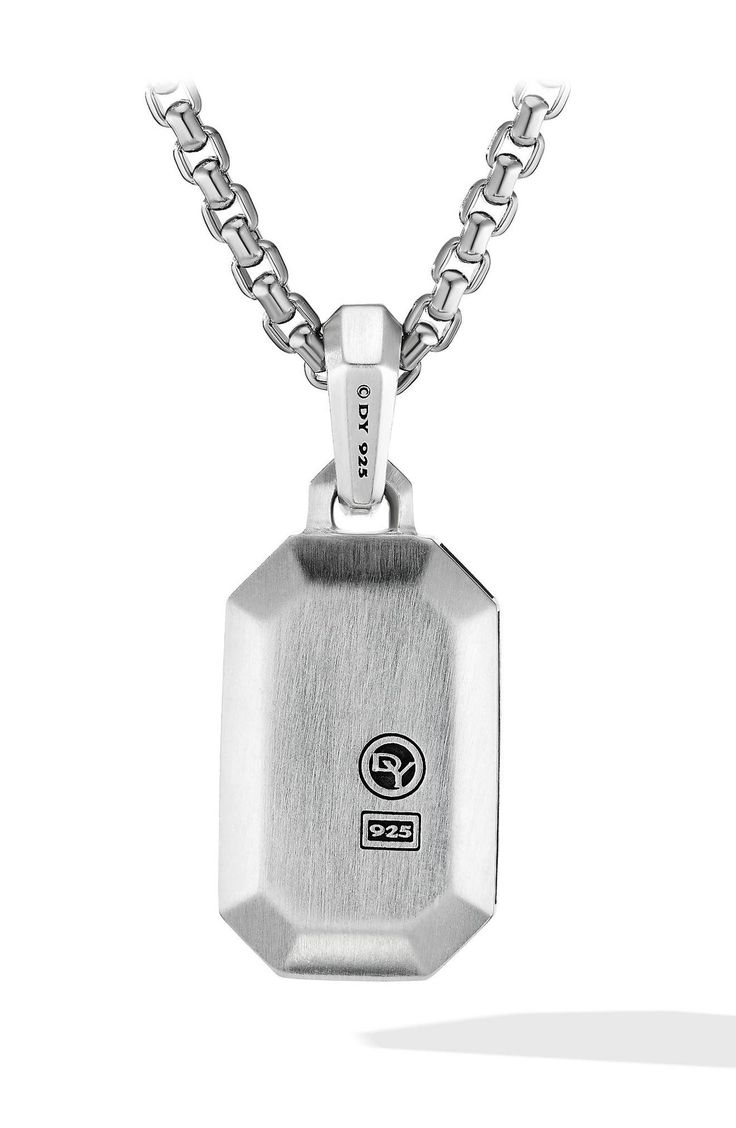 Sterling silver. Pavé diamonds, 0.85 total carat weight. Amulet, 32.8mm x 14mm. Please note: amulet only; chain sold separately. Imported. >Diamond Guide Classic Silver Square Pendant Jewelry, White Gold Jewelry With Rectangular Pendant Box Chain, Refined Silver Necklace With Polished Finish, Silver Rectangular Necklace With Polished Finish, Luxury Sterling Silver Necklace With Rectangular Pendant, Timeless Rectangular Diamond Pendant Jewelry, White Gold Necklace With Rectangular Pendant Box Chain, Timeless Rectangular Diamond Pendant, Luxury Engraved Stainless Steel Jewelry