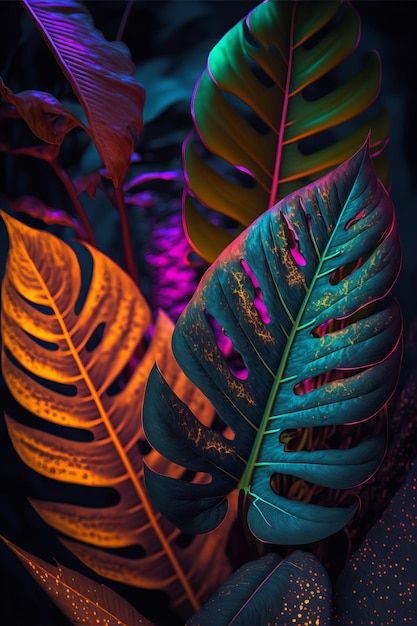 some green and yellow leaves on a black background with colored lights in the back ground