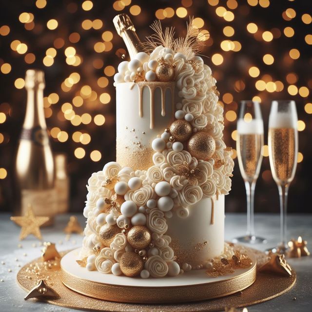 a three tiered cake with gold decorations and wine glasses on the side, in front of a festive background