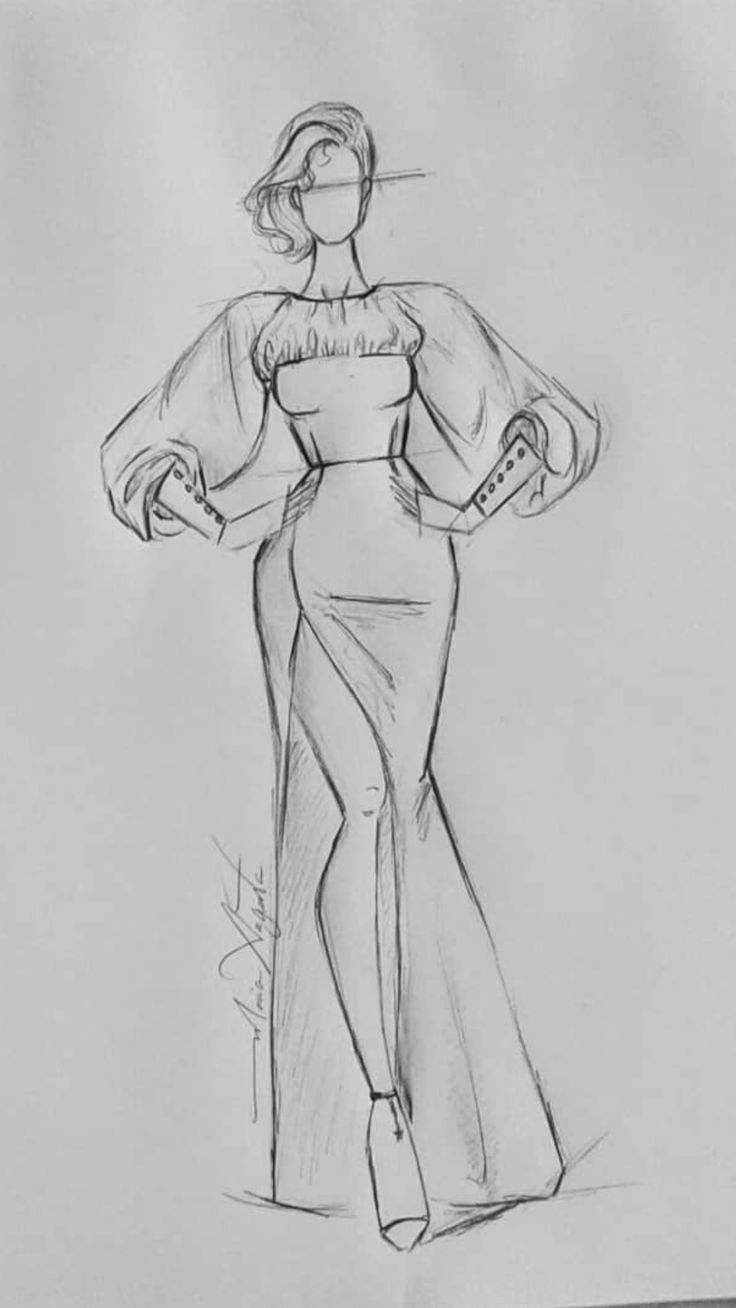 a drawing of a woman in a long dress with her hands on her hips,