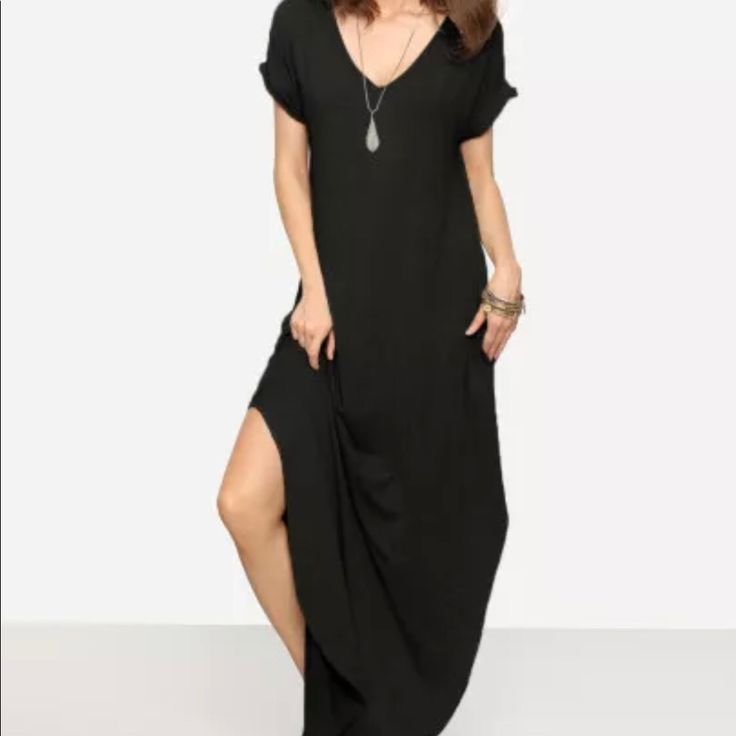 Beautiful Dress With Pockets Elegant Black Longline Midi Dress, Black V-neck Midi Dress With Side Slits, Black Longline Party Dress, Elegant Longline Black Dress, Longline Summer Dress For Date Night, Elegant V-neck Maxi Dress, Elegant Shift V-neck Maxi Dress, Elegant V-neck Shift Maxi Dress, Chic Short Sleeve Maxi Dress For Date Night