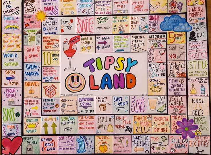 a board game with lots of words and pictures all over it, including the words tipsy land