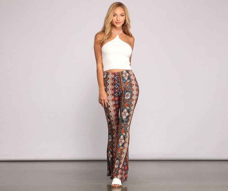 You'll be a total bohemian beauty in these on-trend flare pants! They feature a high-rise waist. a form-hugging fit. a flared-out hem. and an all-over bohemian-inspired print. Style these knit pants with a basic crop topand sandals.Fit & Features High-rise waist Form-hugging fit Flared-out hem Bohemian-inspired print Knit fabric Runs true to size Boho Summer Style, Basic Crop Top, Bohemian Beauty, Boho Fashion Summer, Boho Fall, Print Style, Boho Summer, Knit Pants, Winter Clothes