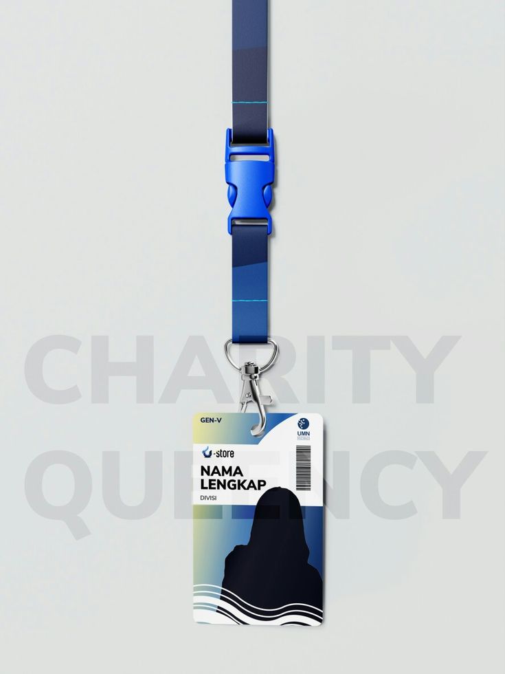 a blue lanyard with a name tag attached to it's clippings