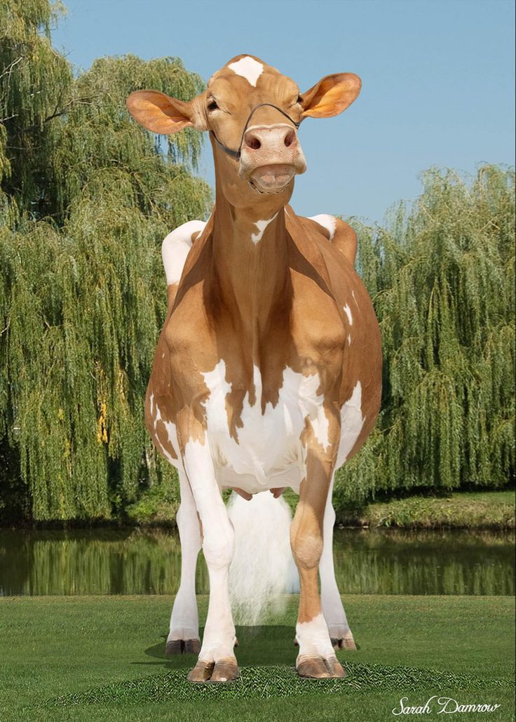 a brown and white cow standing on top of a lush green field next to a lake