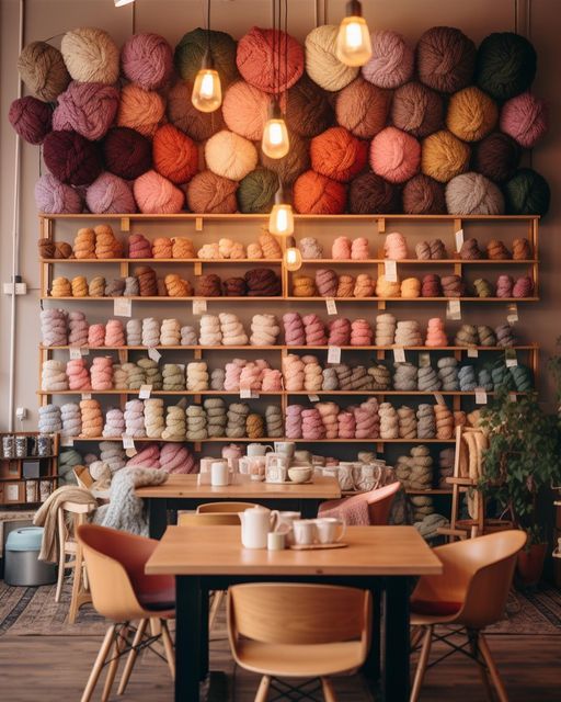 a room filled with lots of different colored balls of yarn next to tables and chairs