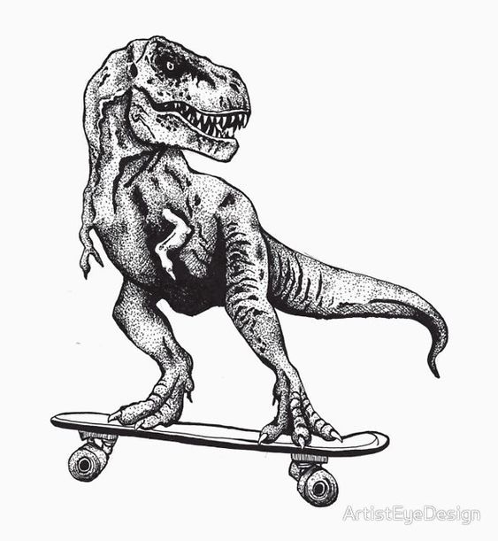 a drawing of a dinosaur riding on a skateboard