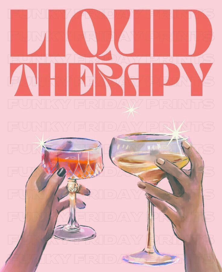 two hands holding wine glasses with liquid in them and the words liquid therapy written on it