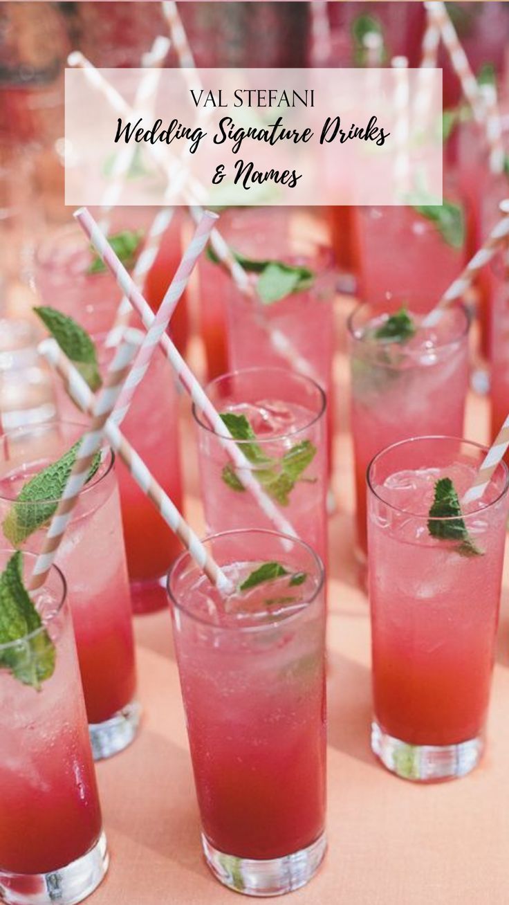 there are many glasses with drinks in them on the table and one is filled with watermelon