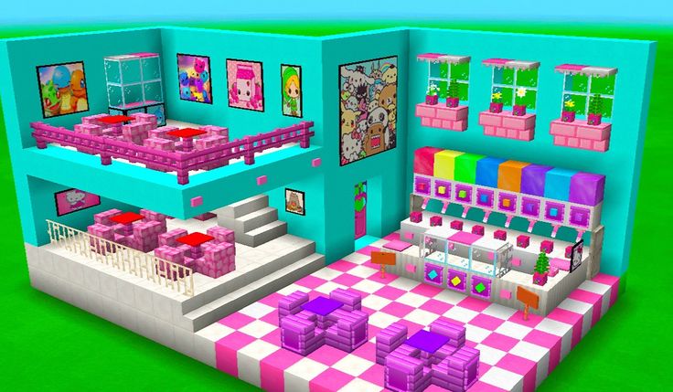 this is an image of a pink and blue dollhouse with lots of furniture in it