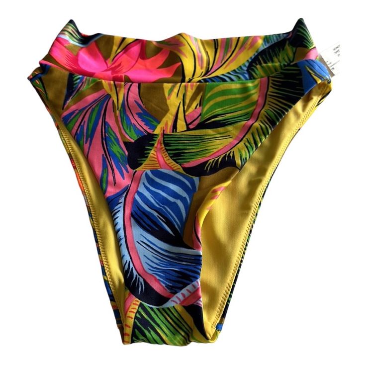 Tropical Print High-Cut Cheeky Bikini Bottom New With Tags High Waist Yellow Beachwear Bottoms, Neon Yellow Beachwear Swimwear For Vacation, High Waist Yellow Bottoms For Poolside, Yellow Fitted High-waist Swimwear, Neon Yellow Swimwear For Beach Season, Neon Yellow Summer Swimwear For Beach Season, Vibrant Yellow Swimwear For The Beach, Vibrant Yellow Swimwear For Sunbathing, Yellow Bottoms For Pool