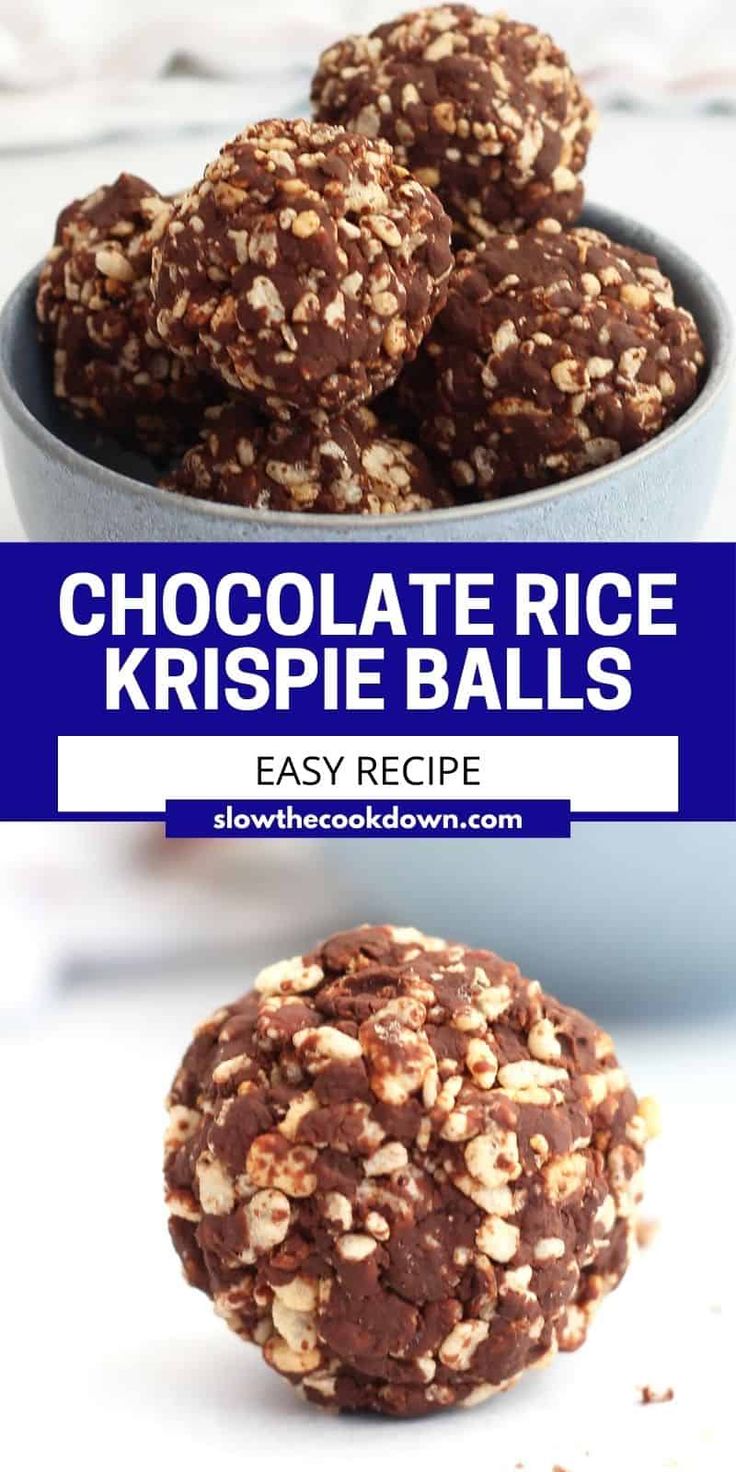 chocolate rice krispe balls in a bowl with text overlay