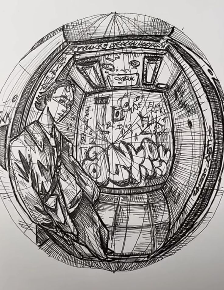 an ink drawing of a man sitting in front of a barrel with writing on it