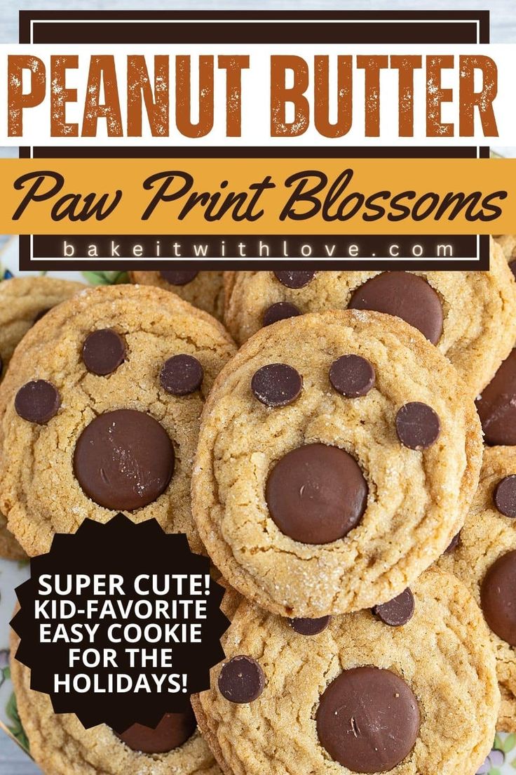 chocolate chip cookies are stacked on top of each other with the words, peanut butter paw print