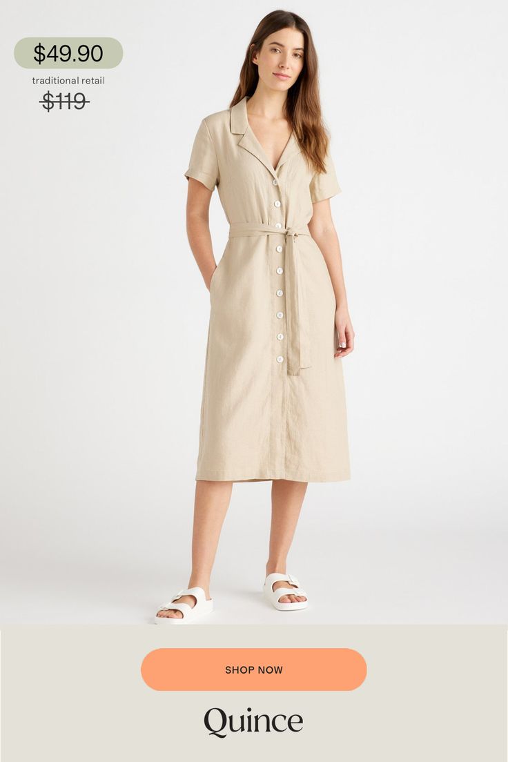 This midi linen dress should be in every wardrobe. Made from 100% organic linen and designed to be versatile, with elegant buttons down the front, and two pockets at the waist, and adjustable removable belt for the perfect fit.  | Quince | Women's Short Sleeve Dress in Driftwood, Size Large, Linen Casual Linen Belted Dress For Daywear, Casual Belted Linen Dress For Daywear, Belted Linen Dress For Daywear, Beige Linen Dress For Workwear, Beige Linen Dress For Work, Beige Linen Midi Dress For Work, Linen Dress With Tie Waist For Day Out, Casual Linen Midi Dress With Tie Waist, Linen Midi Dress With Tie Waist For Daywear