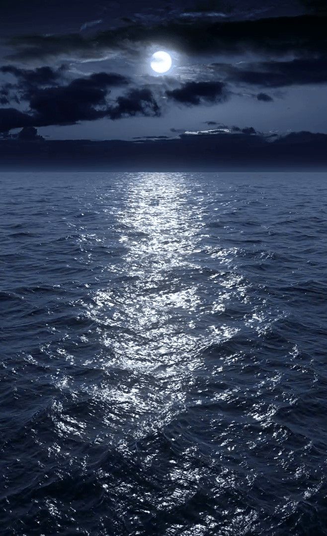 the full moon shines brightly over the ocean as it reflects off the water's surface