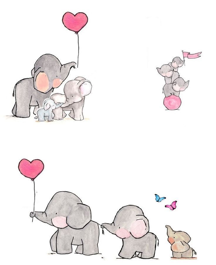 an elephant and two baby elephants holding balloons