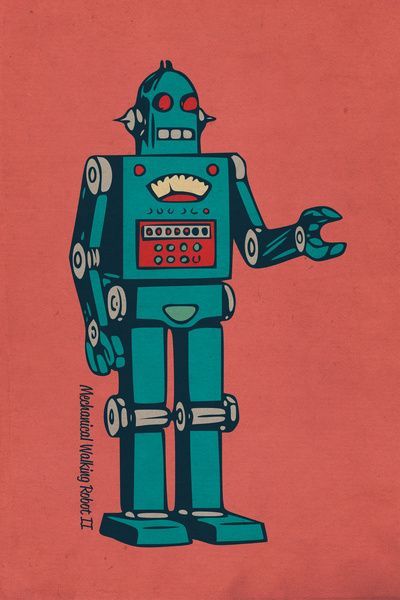 a blue robot standing on top of a pink background