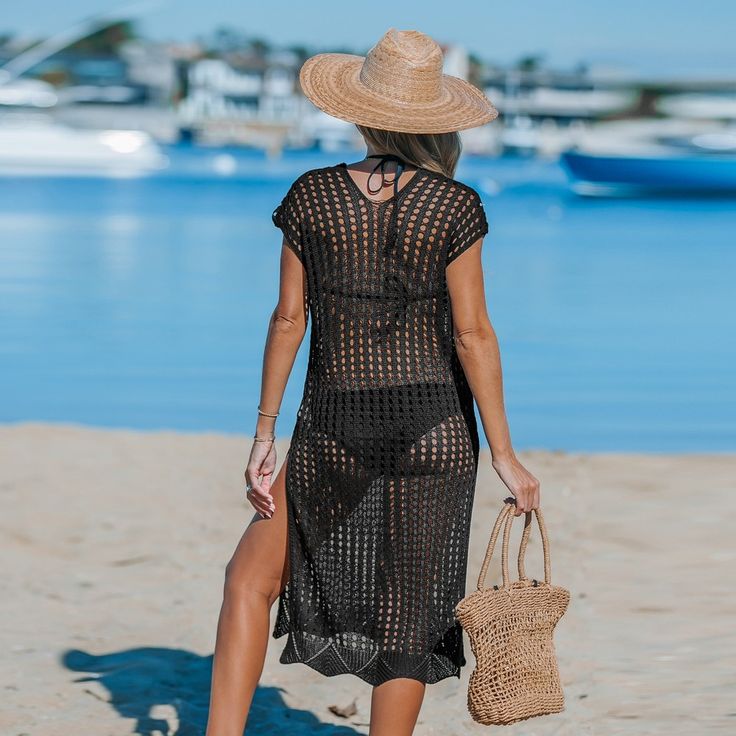 Chase the sun in our Short Sleeve Cut-Out Cover-Up Dress. This short-sleeve beauty features playful cut-outs, making it the perfect piece to throw on over your swimsuit. Embrace the summer vibes and make a fashion statement with this versatile and trendy piece, ensuring you stay cool and comfortable throughout your beach day. Product code: CAA07B3C041GG,CAA07B3C041AA,CAA07B3C041SS/CAA07B3C041DE/CAA07B3C041HH/CAA07B3C041TS Black Stretch Cover-up For Beach Season, Black Beachwear Cover-up For Spring, Fitted Short Sleeve Cover-up For Vacation, Beachy Short Sleeve Poolside Cover-up, Black V-neck Beach Dress For Poolside, Casual Summer Beach Dress With Hollow Out Design, Casual Hollow Out Beach Dress For Summer, Beachy Black Cover-up For Beach Season, Black Stretch Cover-up For Spring