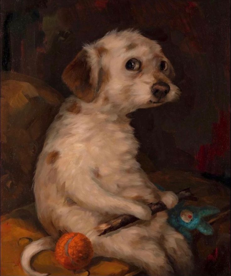 a painting of a dog holding a toy