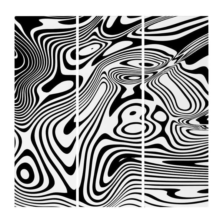 three panels with black and white abstract designs on them, each panel has different shapes