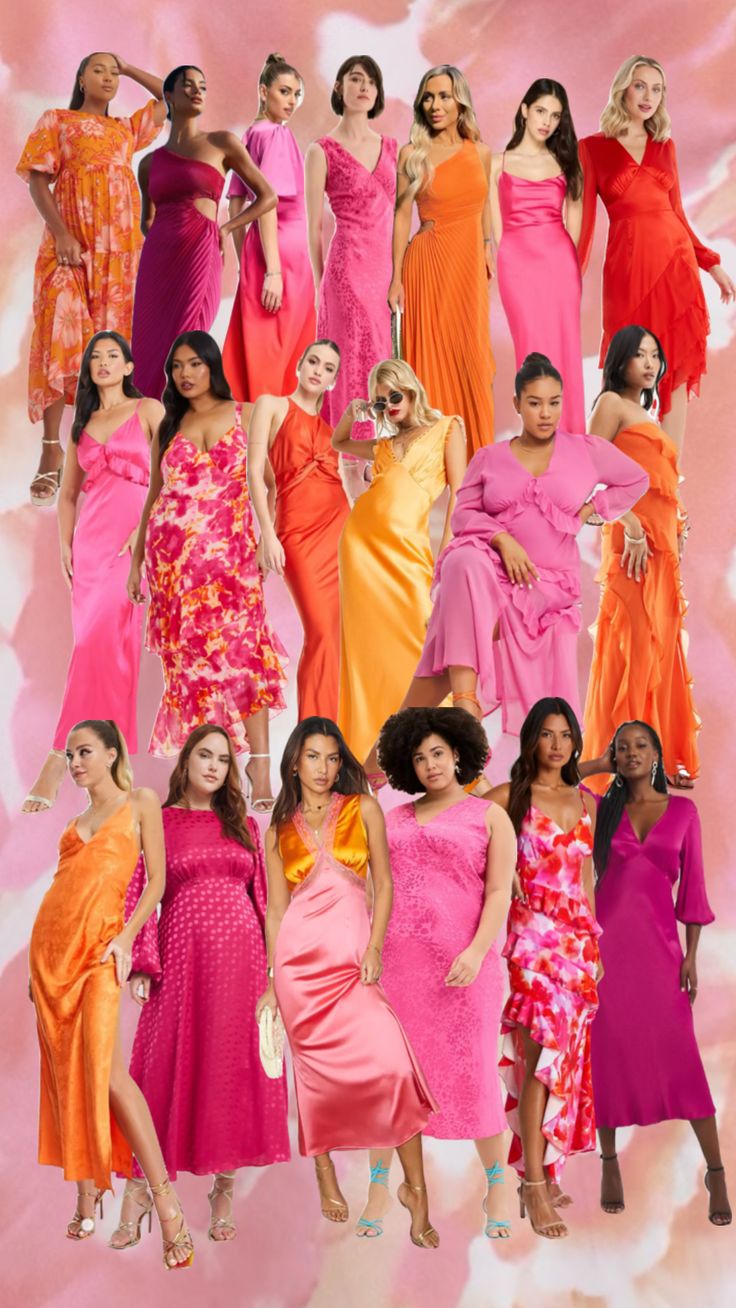 a group of women in dresses standing next to each other on a pink and orange background