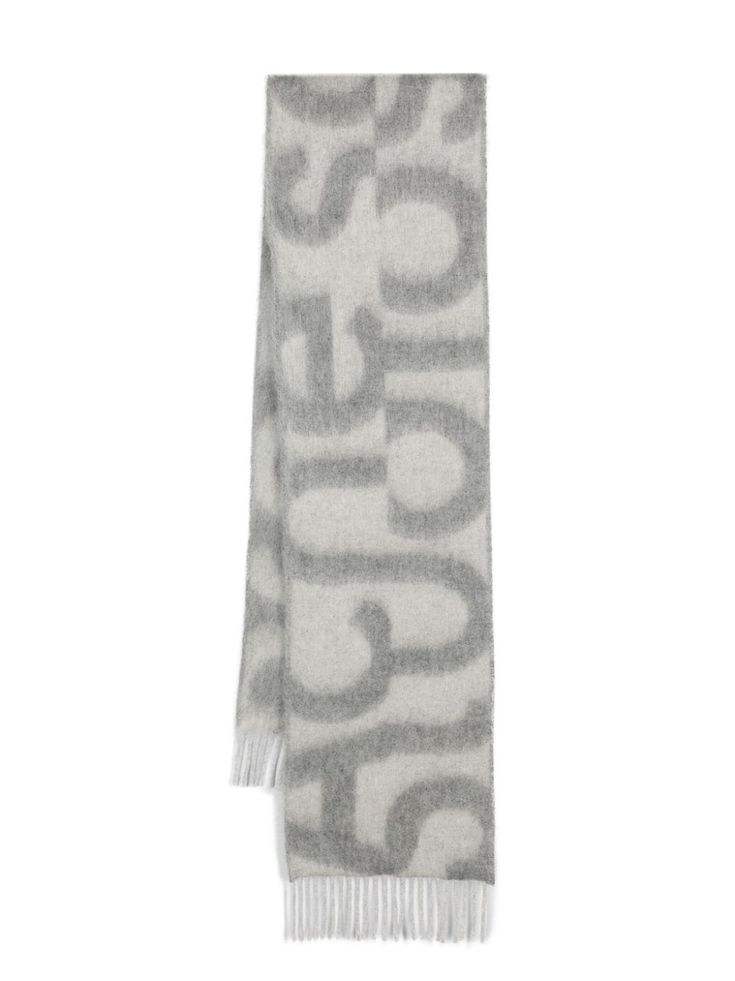 light grey alpaca wool-blend brushed effect all-over graphic print rectangle shape fringed edge wraparound style We've partnered with Good On You — an independent agency that rates how brands perform in relation to their impact on the planet, people and animals, with a multi-criteria rating simplified to a five points scale. In order to be awarded our conscious label, larger brands need to score a minimum of four out of five ('Good'), while smaller brands must score at least three out of five (' Acne Studios Scarf, Graphic Scarf, Acne Shop, Grey Scarf, Studio Logo, Jacquard Weave, Alpaca Wool, Rectangle Shape, Alpaca