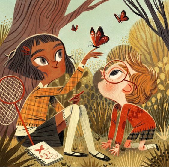 two children are playing in the woods with their tennis rackets and butterflies flying overhead