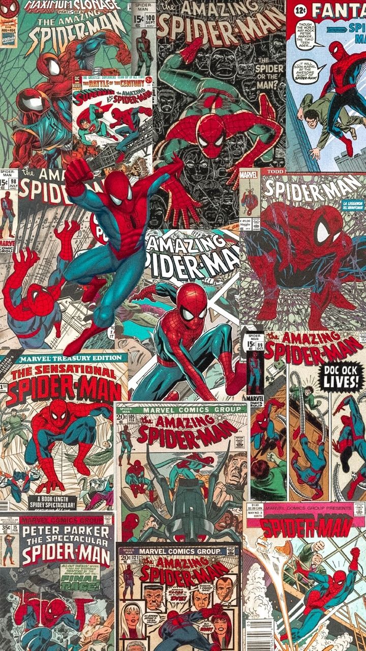 the amazing spider - man comic book covers are shown in this collage, with many different