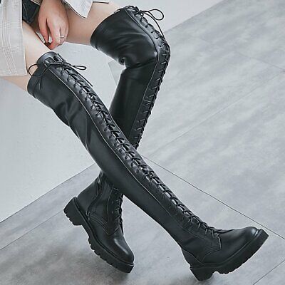 Winter Warm Women Lace Up Round Toe Thigh High Boots Over the Knee Military Punk  | eBay Fall Punk Knee-high Platform Boots, Punk Knee-high Platform Boots For Fall, Black Harajuku Platform Boots For Winter, Black Harajuku Style Platform Boots For Winter, Harajuku Style Black Platform Boots For Winter, Thigh-high Platform Boots For Streetwear, Edgy Knee-high Boots For Fall Streetwear, Edgy Streetwear Knee-high Boots For Fall, Black Harajuku Style Winter Boots