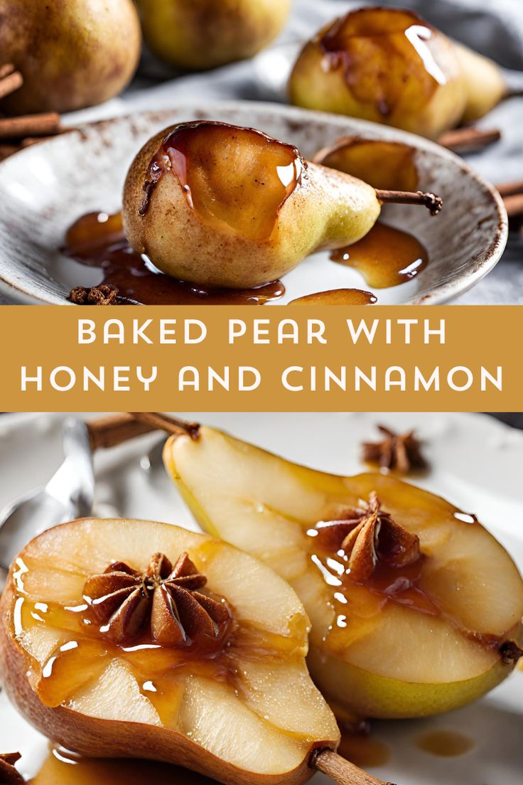 baked pears with honey and cinnamon on a plate